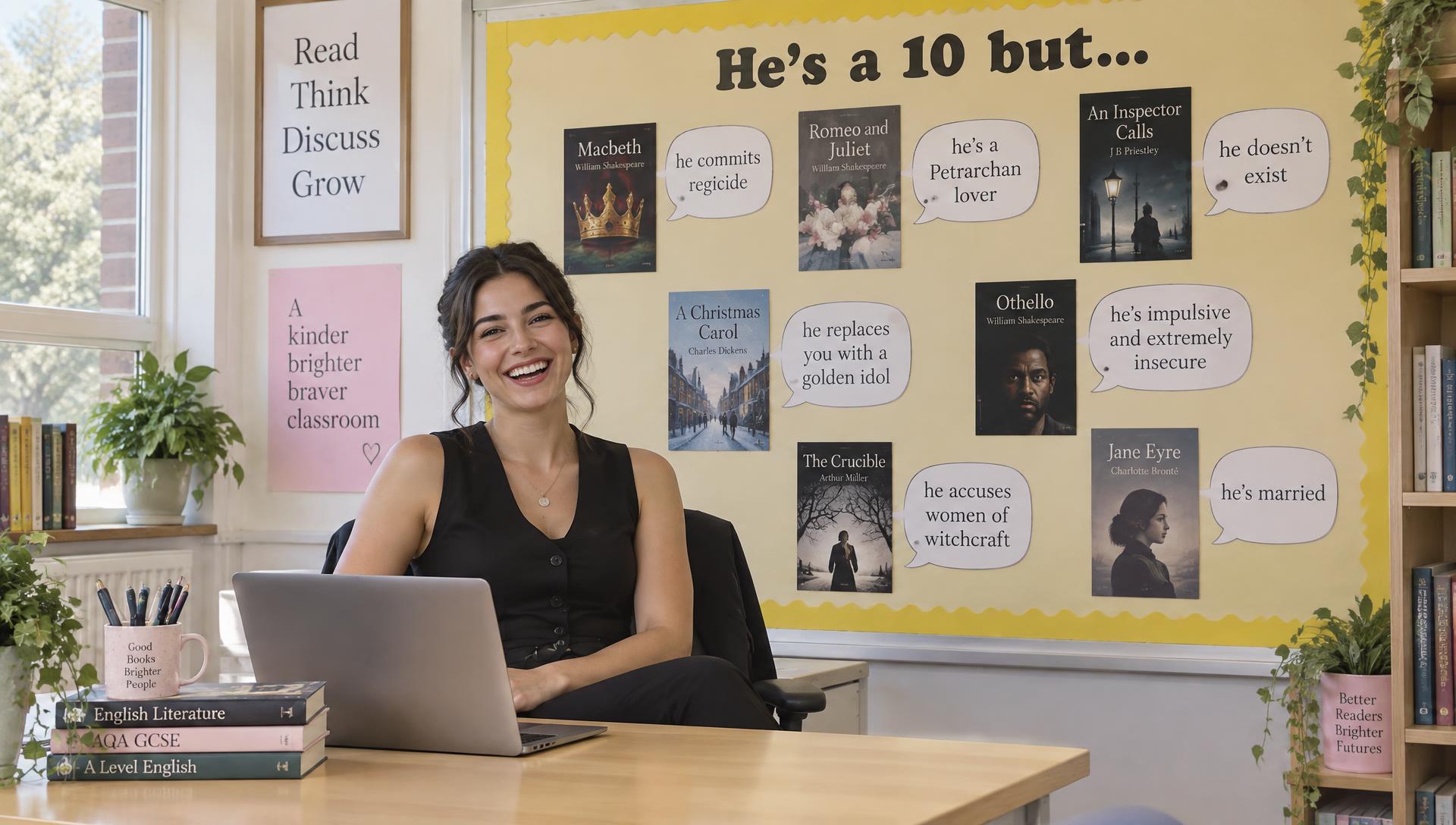 A laughing English teacher beside the ONe dashboard in a vibrant classroom
